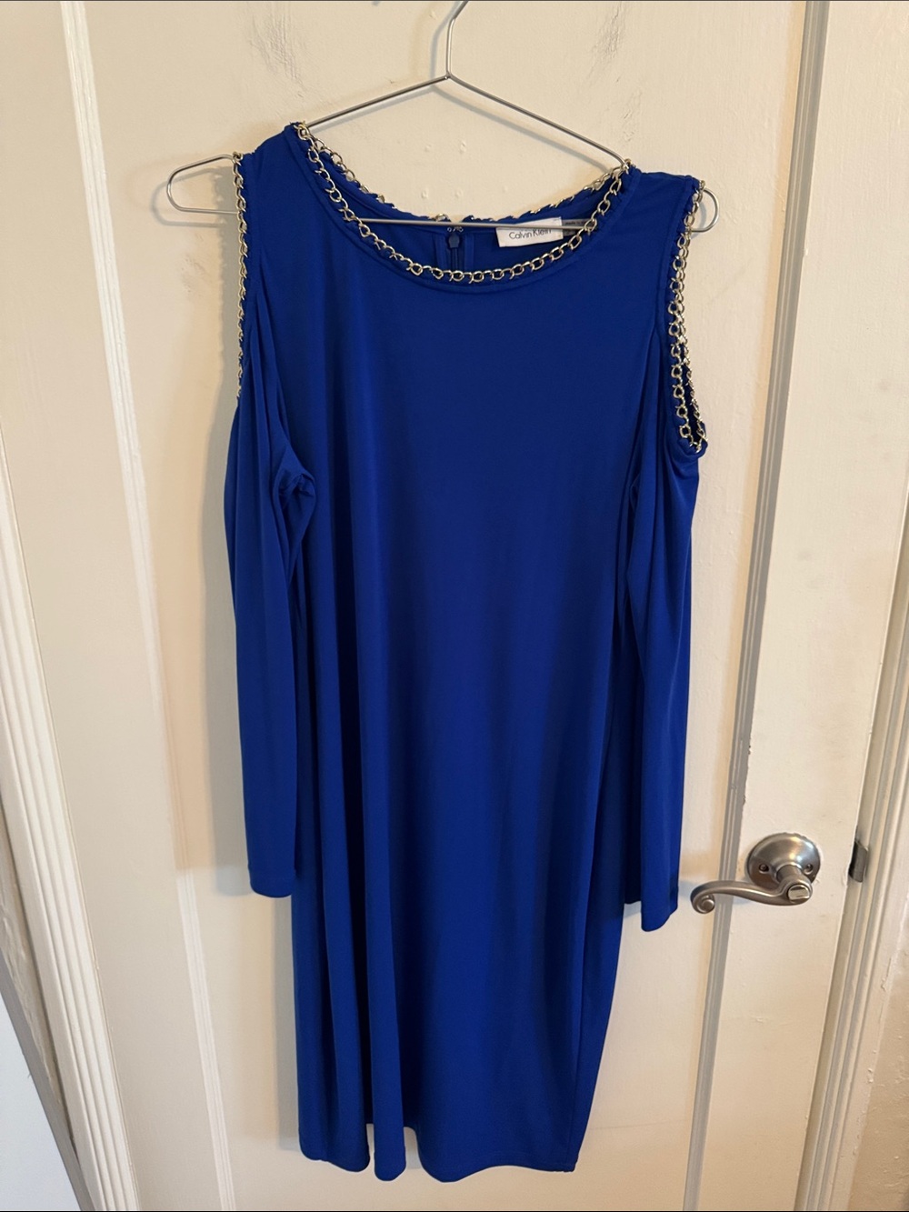 Calvin Klein Sapphire Blue Cold Shoulder Long Sleeve Dress Metal Chain Sz 2